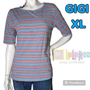 LULAROE "GiGi" Red Blue Gray Striped Fitted Super Comfy Tee Shirt Size 16 18